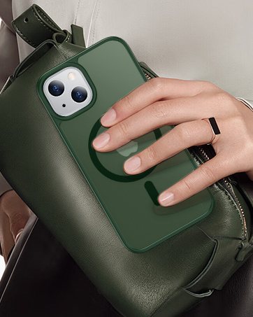 A forest green SPIDERCASE matte case and a leather bag