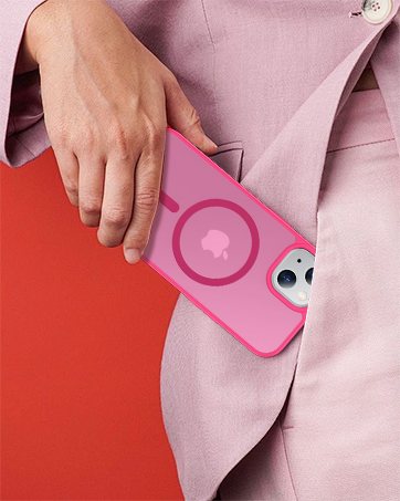 A pink SPIDERCASE magnetic case held against a red jacket